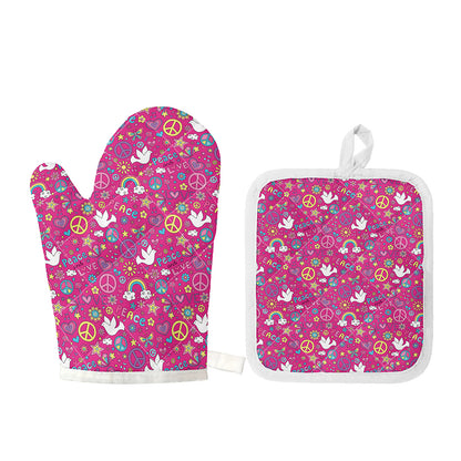 Girly Peace Sign And Love Pattern Print Oven Mitt And Pot Holder Set