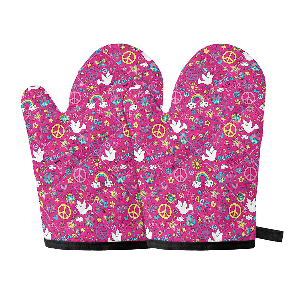 Girly Peace Sign And Love Pattern Print Oven Mitts