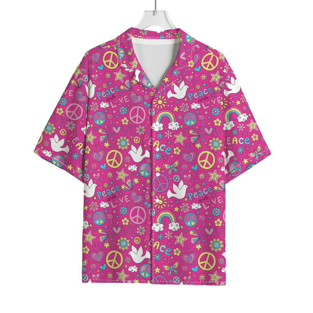 Girly Peace Sign And Love Pattern Print Rayon Hawaiian Shirt