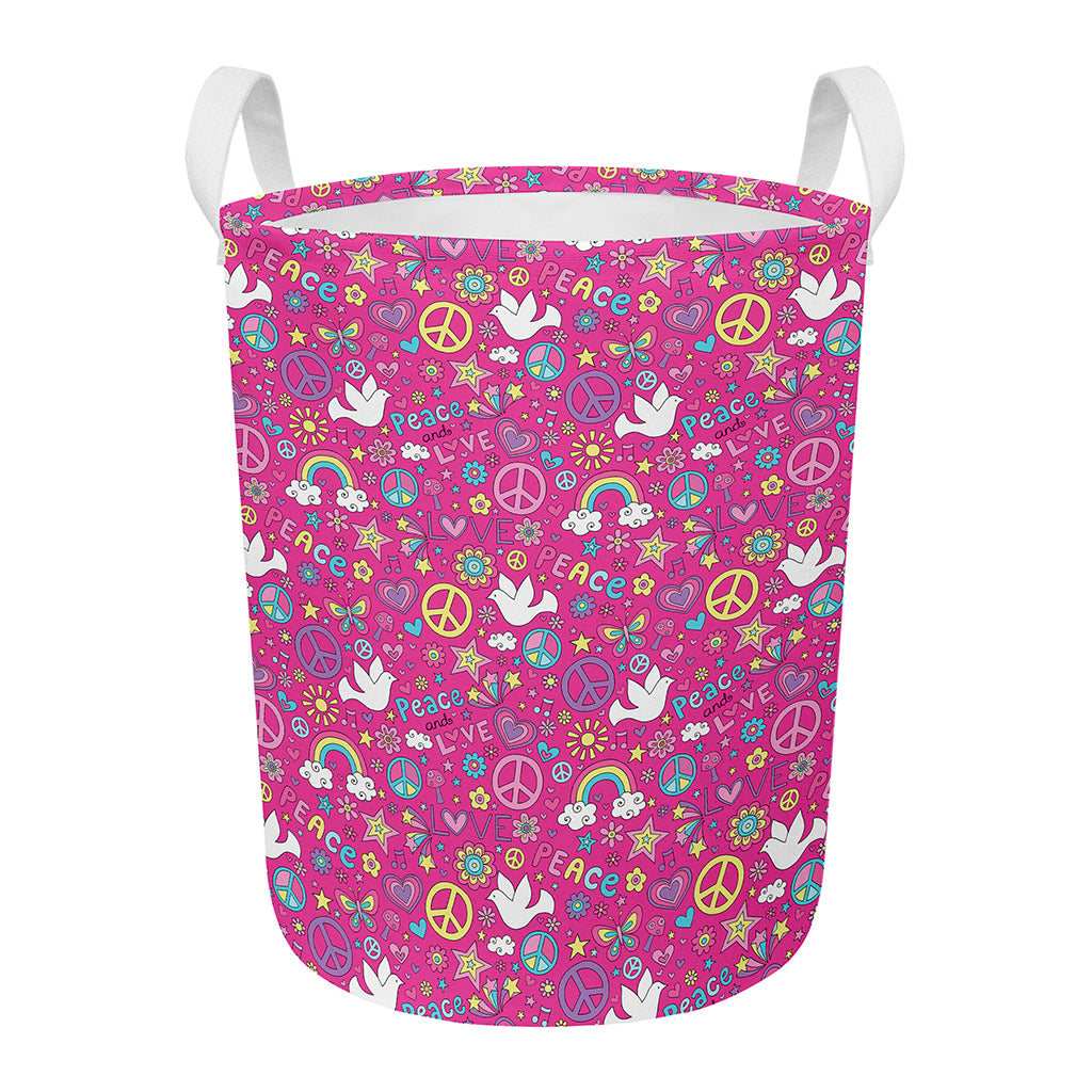 Girly Peace Sign And Love Pattern Print Round Laundry Basket