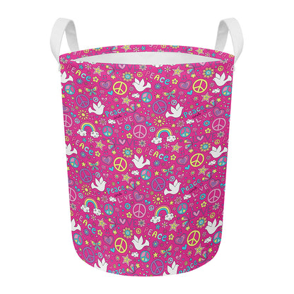 Girly Peace Sign And Love Pattern Print Round Laundry Basket