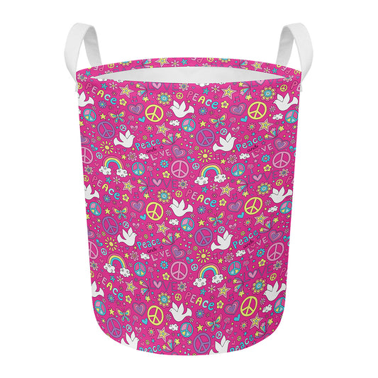 Girly Peace Sign And Love Pattern Print Round Laundry Basket