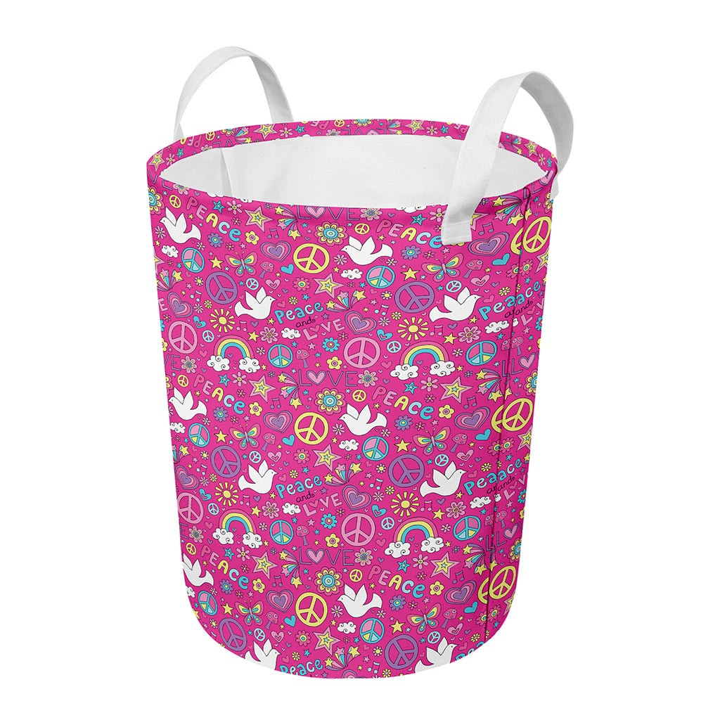 Girly Peace Sign And Love Pattern Print Round Laundry Basket