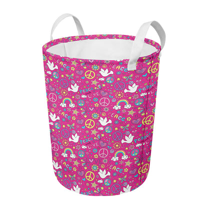 Girly Peace Sign And Love Pattern Print Round Laundry Basket