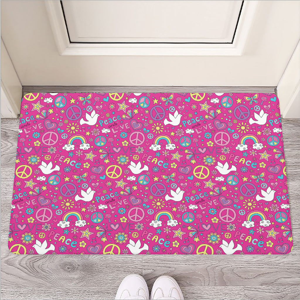 Girly Peace Sign And Love Pattern Print Rubber Doormat