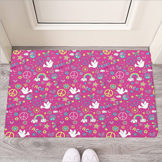 Girly Peace Sign And Love Pattern Print Rubber Doormat