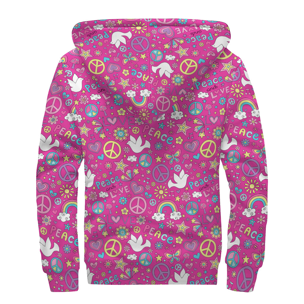 Girly Peace Sign And Love Pattern Print Sherpa Lined Zip Up Hoodie