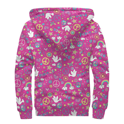 Girly Peace Sign And Love Pattern Print Sherpa Lined Zip Up Hoodie