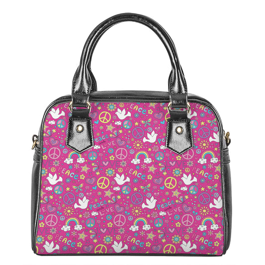 Girly Peace Sign And Love Pattern Print Shoulder Handbag