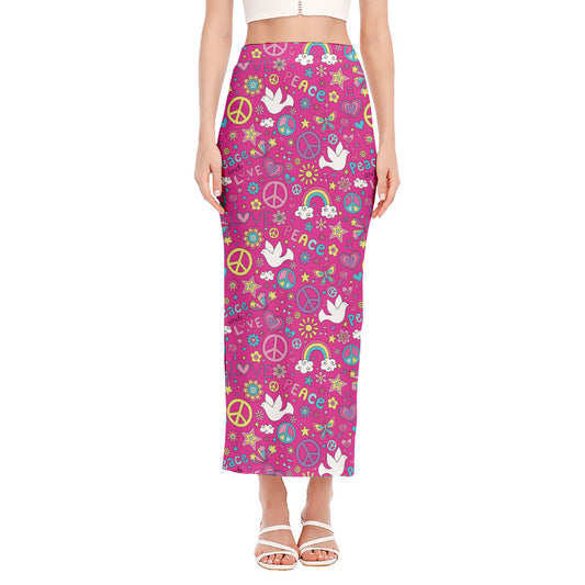 Girly Peace Sign And Love Pattern Print Side Slit Maxi Skirt