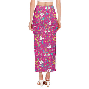 Girly Peace Sign And Love Pattern Print Side Slit Maxi Skirt