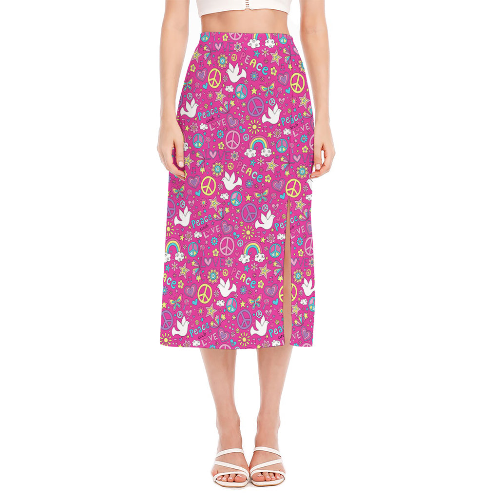 Girly Peace Sign And Love Pattern Print Side Slit Midi Skirt