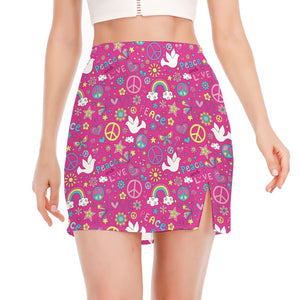 Girly Peace Sign And Love Pattern Print Side Slit Mini Skirt