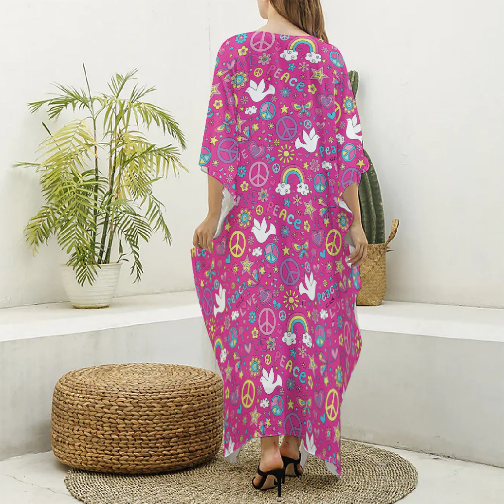 Girly Peace Sign And Love Pattern Print Silk V-Neck Kaftan Dress