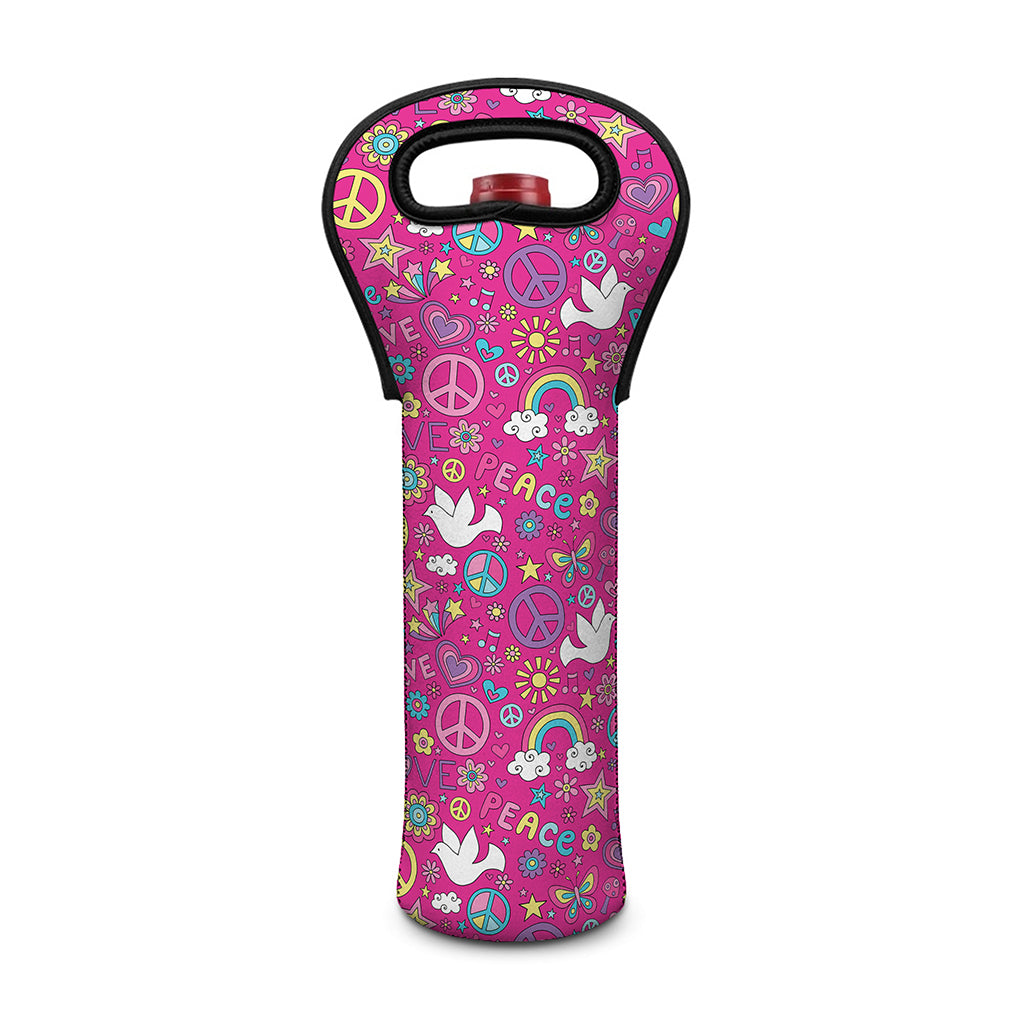 Girly Peace Sign And Love Pattern Print Single Neoprene Wine Tote