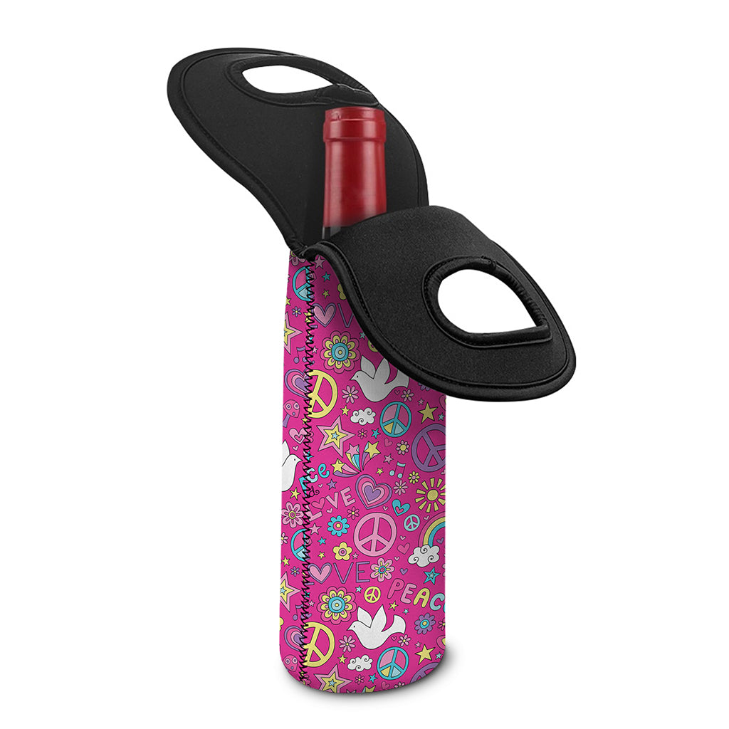 Girly Peace Sign And Love Pattern Print Single Neoprene Wine Tote