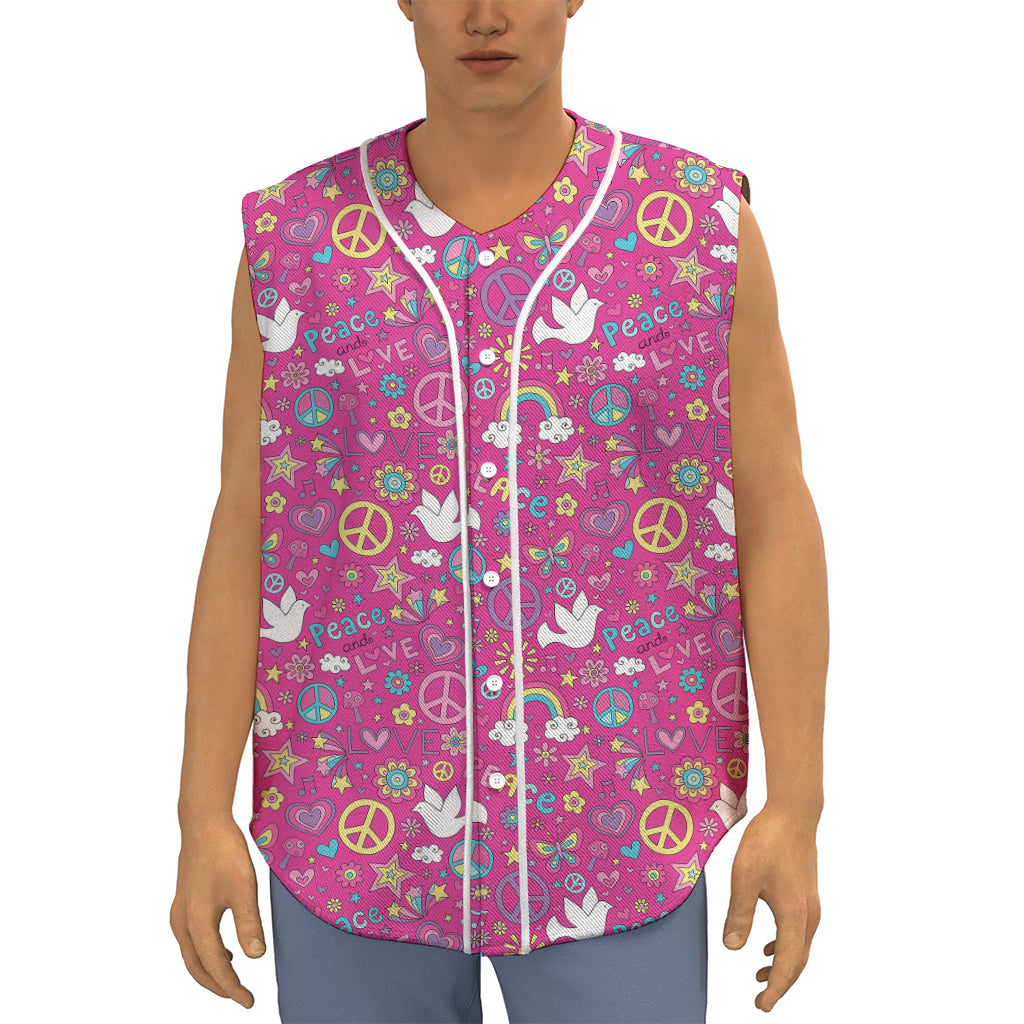 Girly Peace Sign And Love Pattern Print Sleeveless Baseball Jersey
