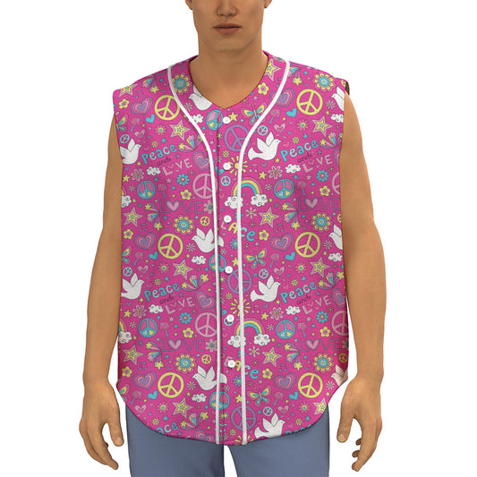 Girly Peace Sign And Love Pattern Print Sleeveless Baseball Jersey