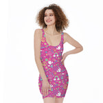 Girly Peace Sign And Love Pattern Print Sleeveless Bodycon Dress