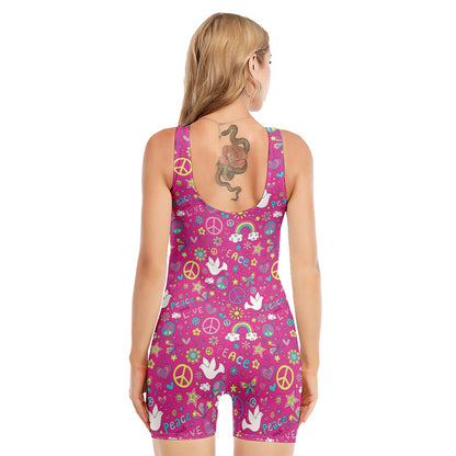 Girly Peace Sign And Love Pattern Print Sleeveless One Piece Swimsuit