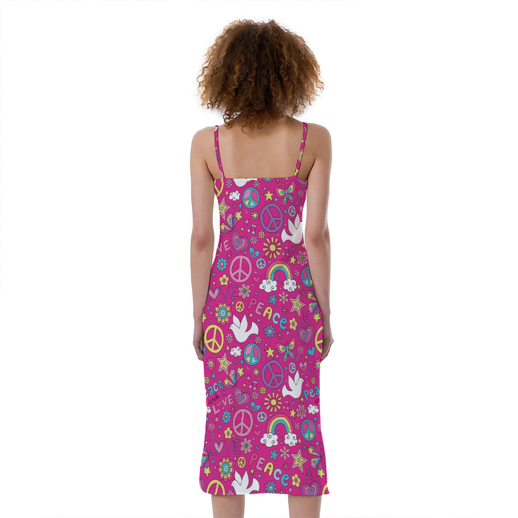 Girly Peace Sign And Love Pattern Print Slim Fit Midi Cami Dress