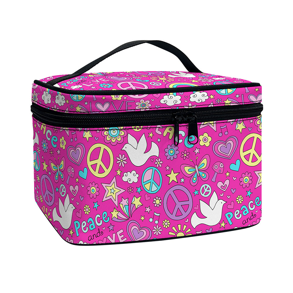 Girly Peace Sign And Love Pattern Print Travel Makeup Bag