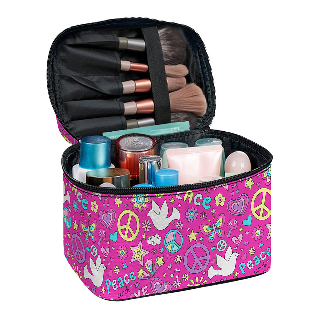 Girly Peace Sign And Love Pattern Print Travel Makeup Bag