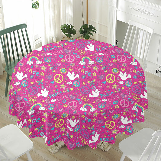 Girly Peace Sign And Love Pattern Print Waterproof Round Tablecloth