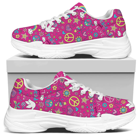 Girly Peace Sign And Love Pattern Print White Chunky Shoes