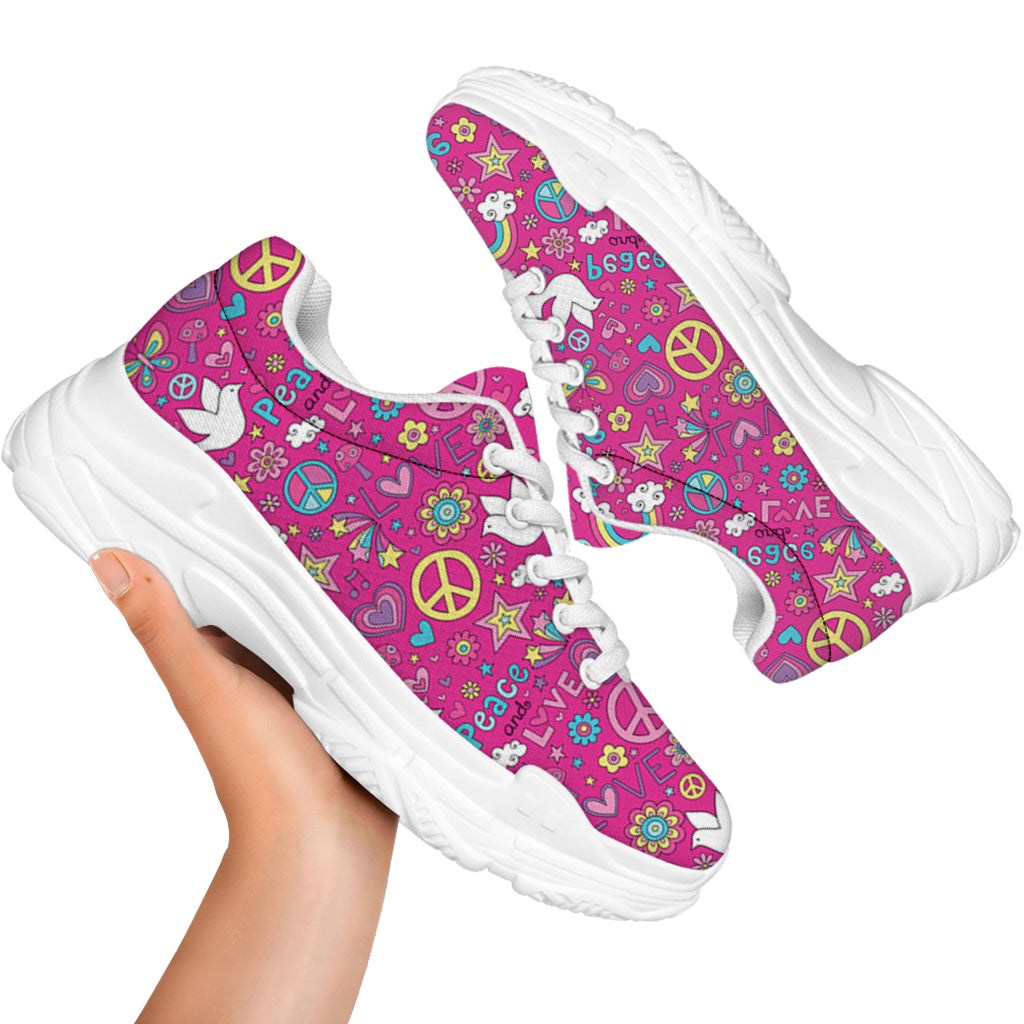 Girly Peace Sign And Love Pattern Print White Chunky Shoes