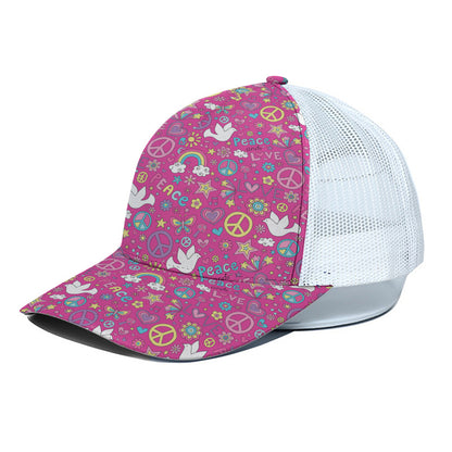 Girly Peace Sign And Love Pattern Print White Mesh Trucker Cap