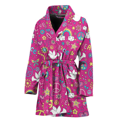 Girly Peace Sign And Love Pattern Print Women's Bathrobe