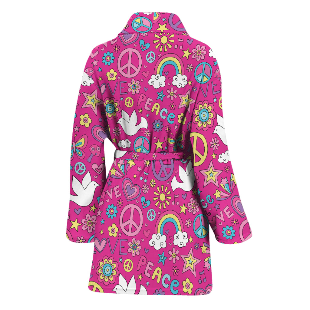 Girly Peace Sign And Love Pattern Print Women's Bathrobe