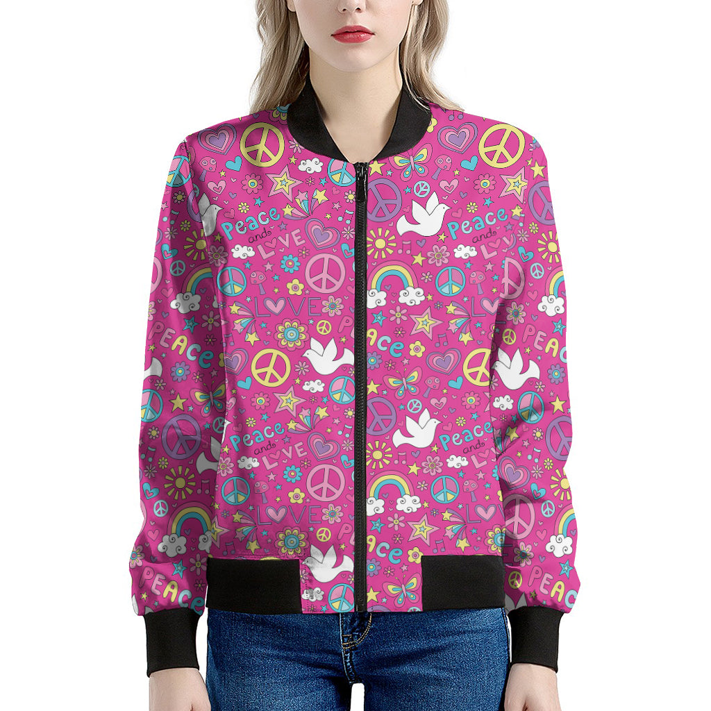 Girly Peace Sign And Love Pattern Print Women's Bomber Jacket