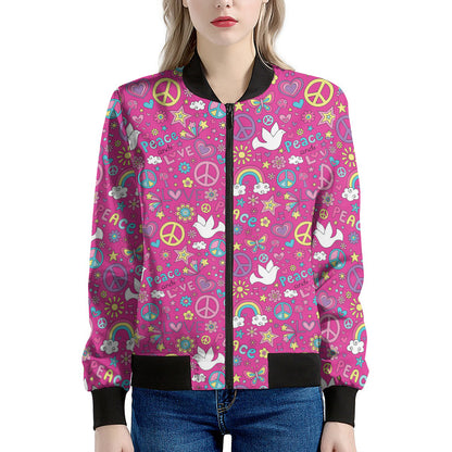 Girly Peace Sign And Love Pattern Print Women's Bomber Jacket