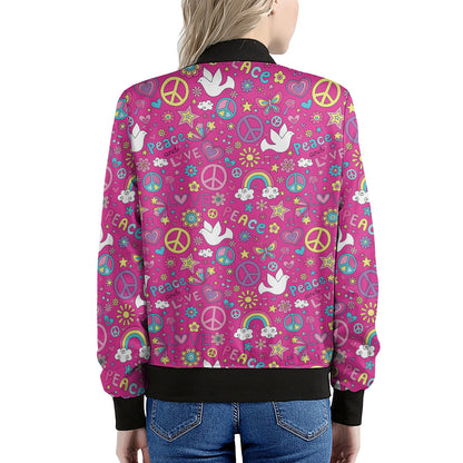 Girly Peace Sign And Love Pattern Print Women's Bomber Jacket