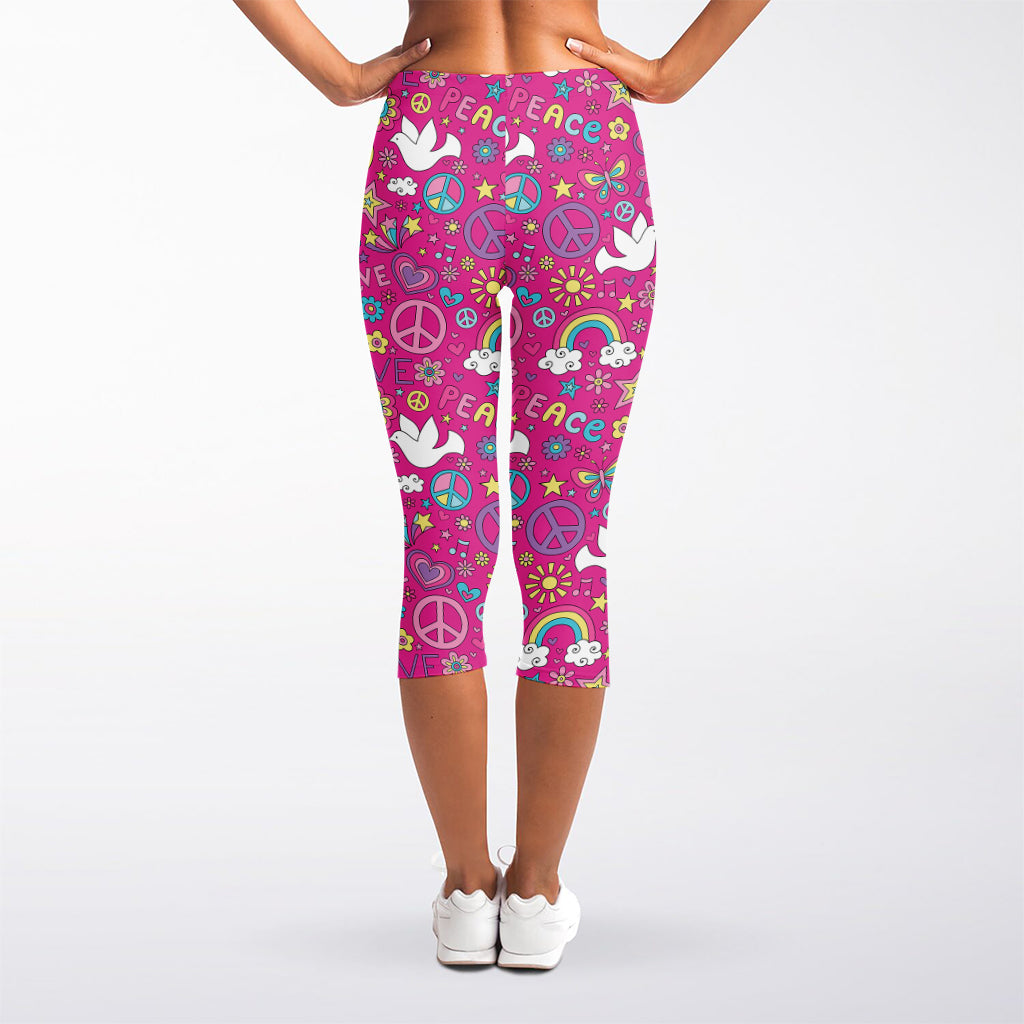 Girly Peace Sign And Love Pattern Print Women's Capri Leggings