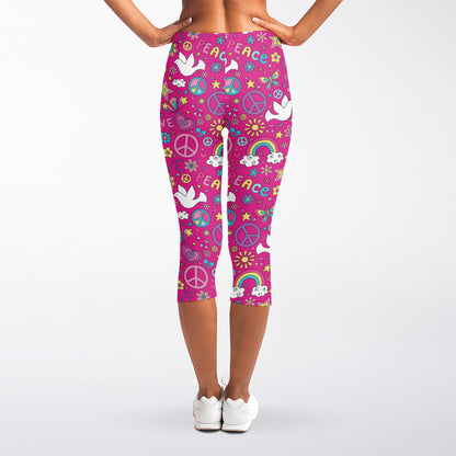 Girly Peace Sign And Love Pattern Print Women's Capri Leggings