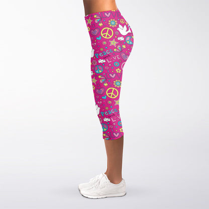 Girly Peace Sign And Love Pattern Print Women's Capri Leggings