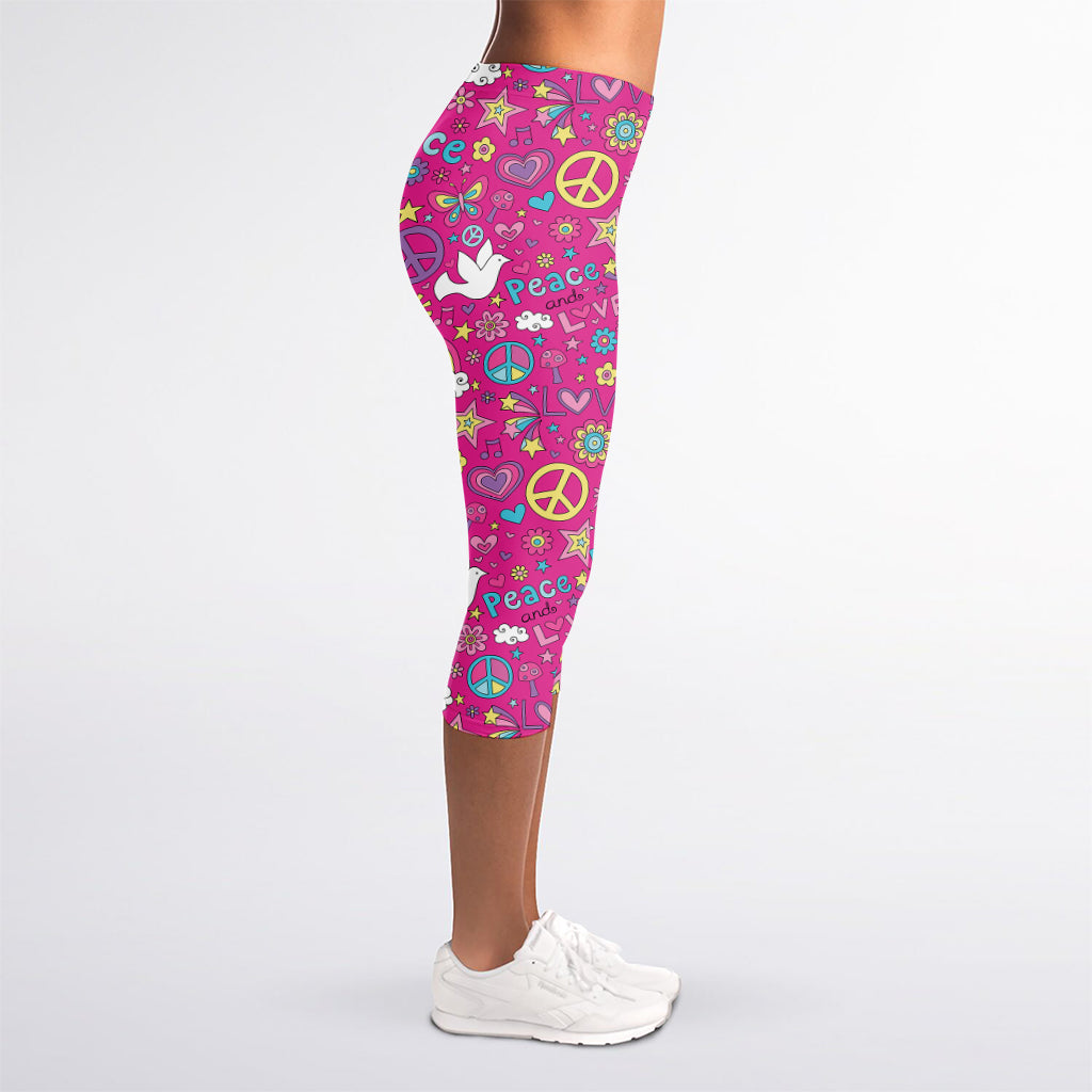 Girly Peace Sign And Love Pattern Print Women's Capri Leggings