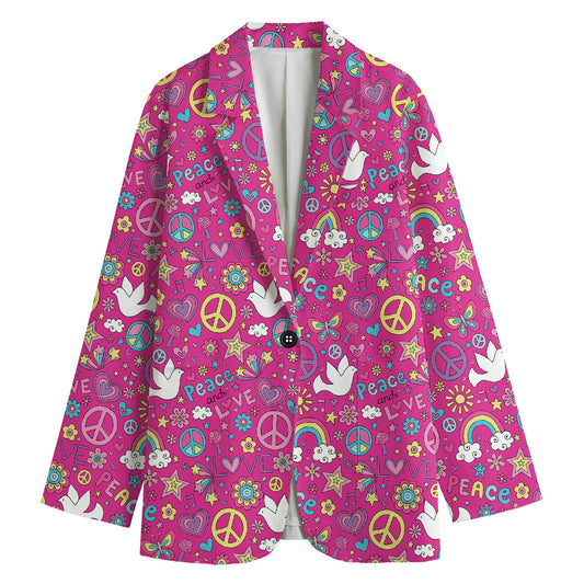 Girly Peace Sign And Love Pattern Print Women's Cotton Blazer