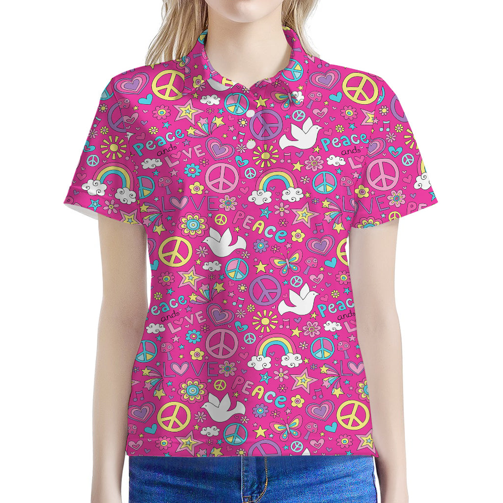 Girly Peace Sign And Love Pattern Print Women's Polo Shirt