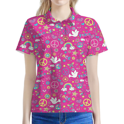 Girly Peace Sign And Love Pattern Print Women's Polo Shirt