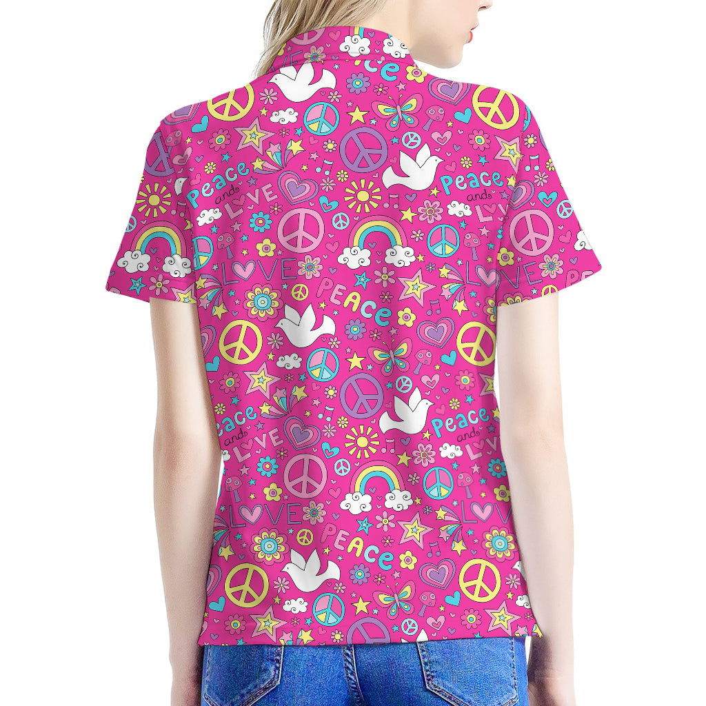 Girly Peace Sign And Love Pattern Print Women's Polo Shirt