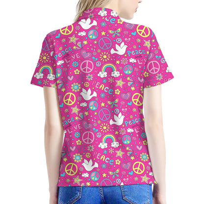 Girly Peace Sign And Love Pattern Print Women's Polo Shirt