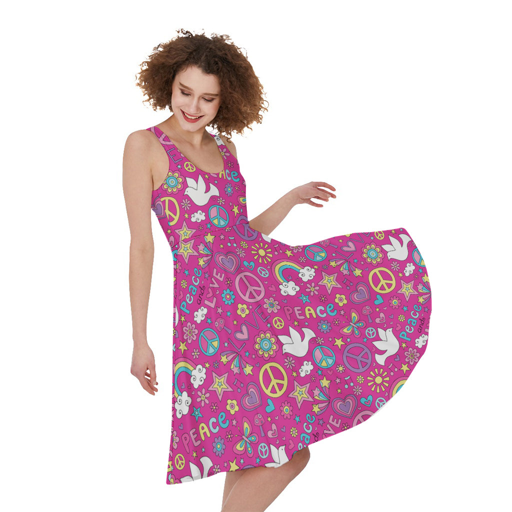 Girly Peace Sign And Love Pattern Print Women's Sleeveless Dress