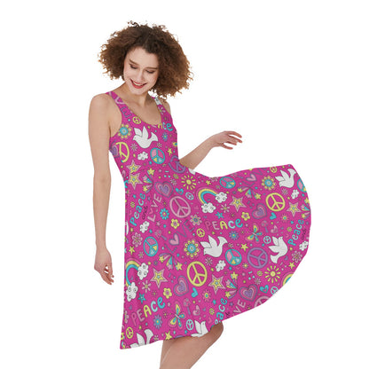Girly Peace Sign And Love Pattern Print Women's Sleeveless Dress