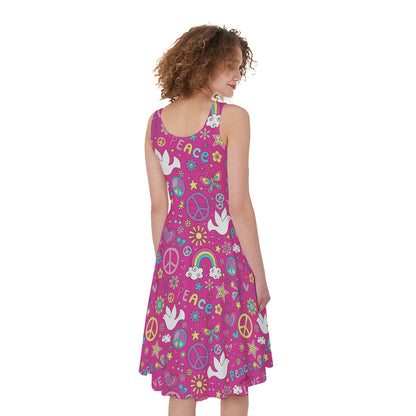 Girly Peace Sign And Love Pattern Print Women's Sleeveless Dress