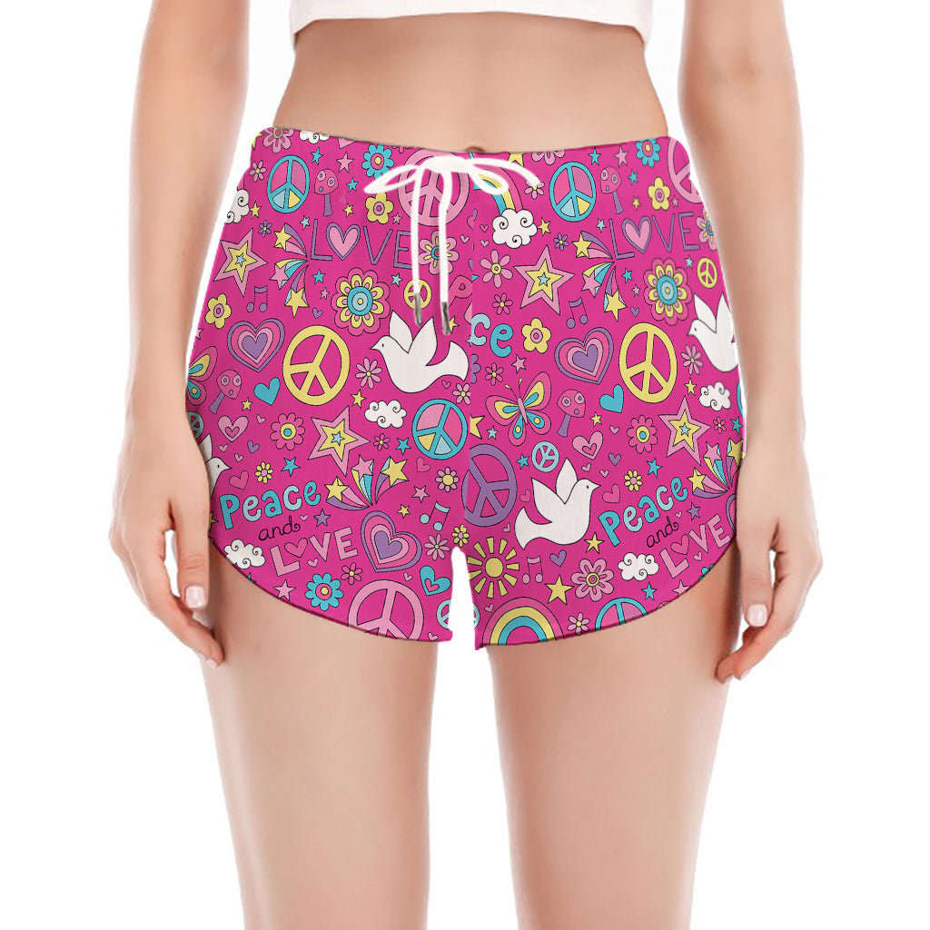 Girly Peace Sign And Love Pattern Print Women's Split Running Shorts
