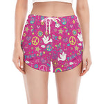 Girly Peace Sign And Love Pattern Print Women's Split Running Shorts